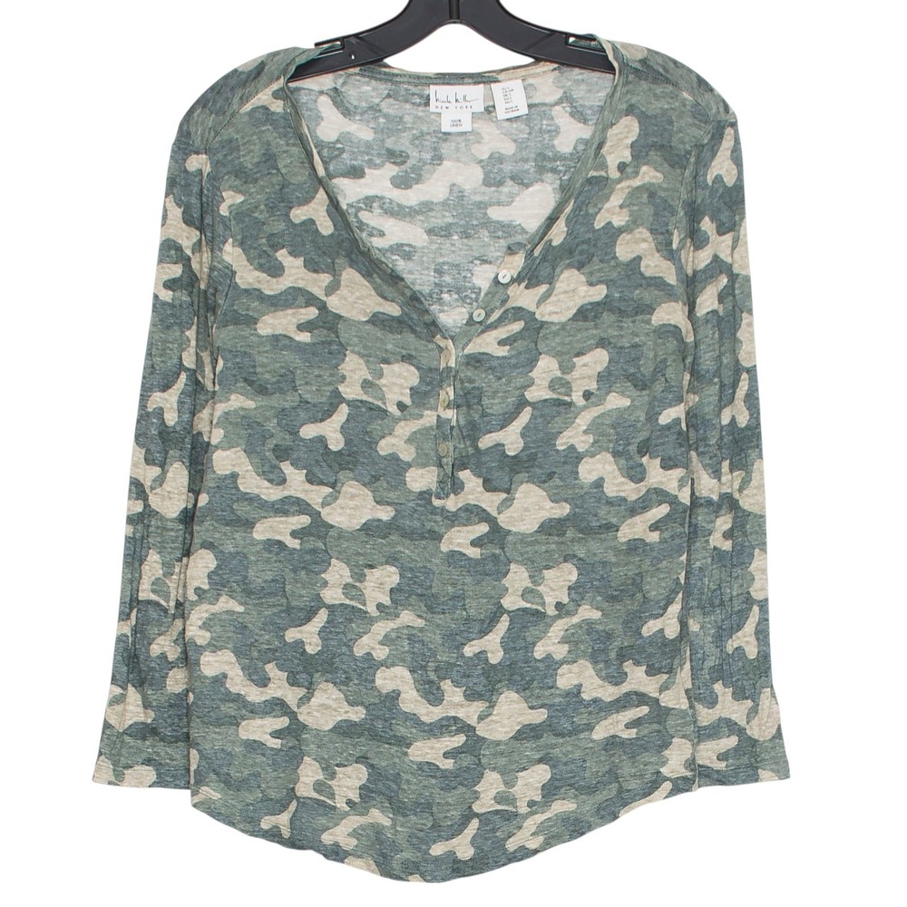 Nicole Miller Top Henleyā Linen Camo Cottage Academia Earthy Country Green Small